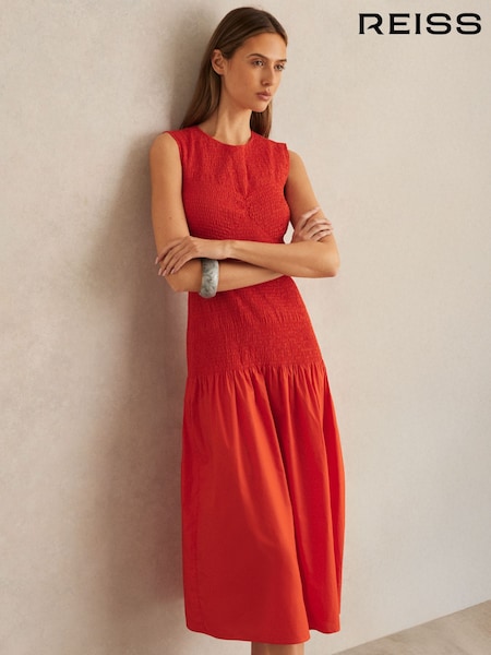 Reiss Red Annabel Cotton Shirred Midi Dress (F06899) | €350
