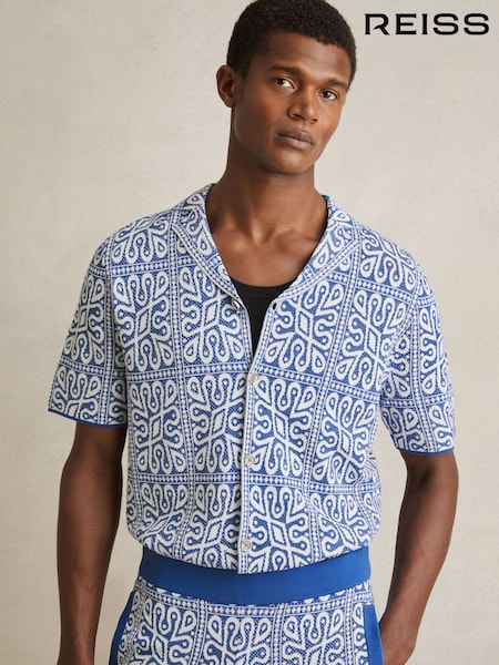 Reiss Blue/White River Tile Pattern Knit Shirt (F06902) | €174