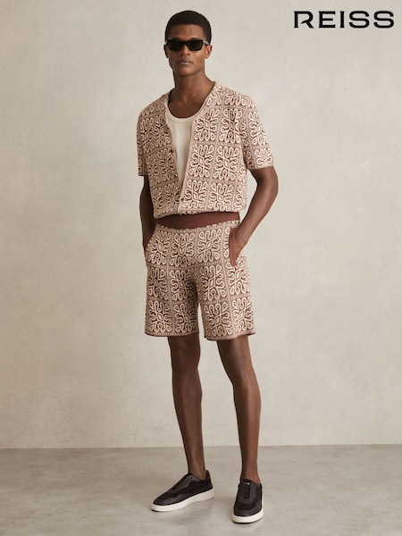 Reiss Brown/White Redhill Tile Pattern Knit Shorts (F06909) | AED792