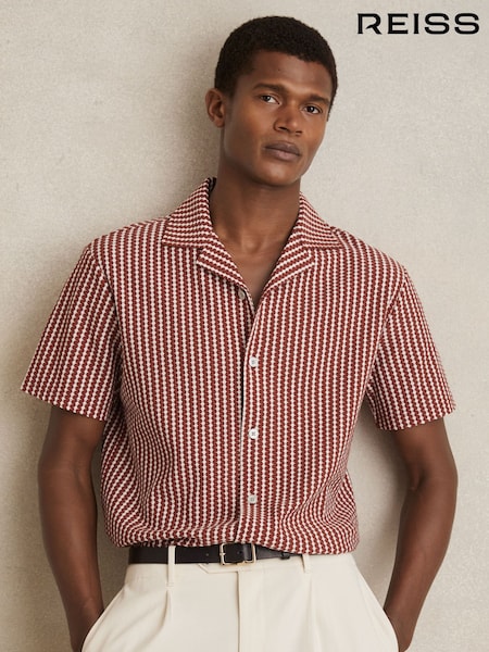 Reiss Rust Red/White Tower Textured-Stripe Cuban-Collar Shirt (F06913) | 647 QAR