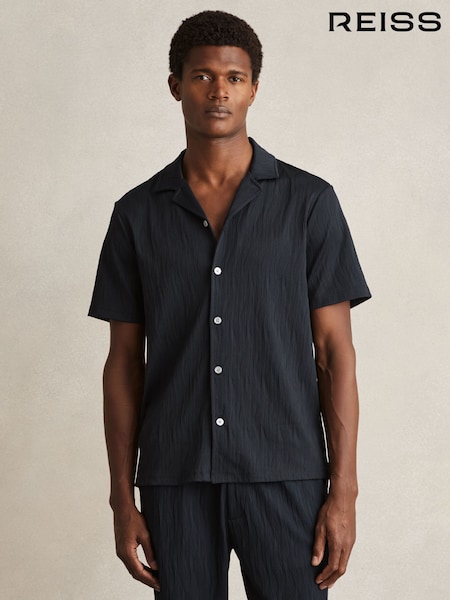 Reiss Navy Elio Wave-Jacquard Cuban-Collar Shirt (F06918) | €134