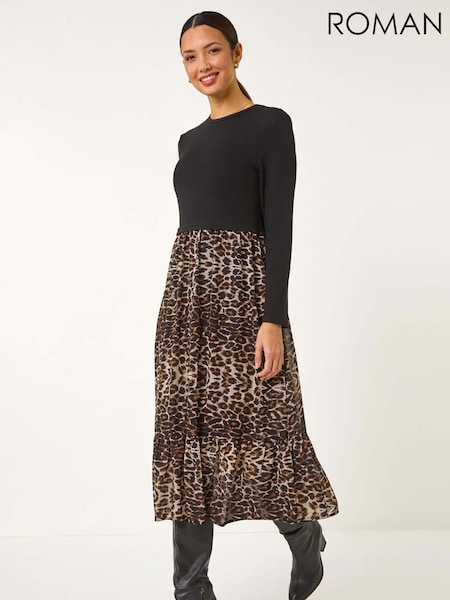 Roman Brown 2-in-1 Animal Print Stretch Midi Dress (F06957) | €63