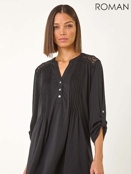 Roman Black Lace Trim Buttoned Tunic Top (F06962) | €53
