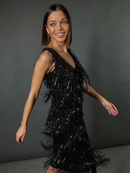 Roman Black Sequin Tassle Midi Dress (F06967) | OMR60