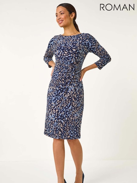 Roman Blue Abstract Print Side Twist Shift Dress (F06969) | AED349
