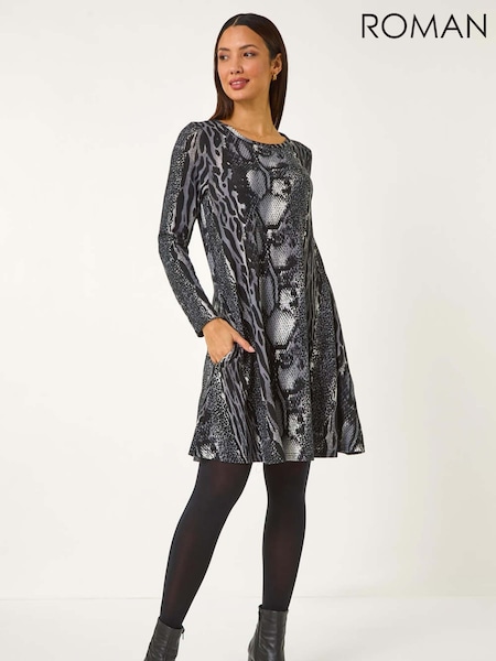 Roman Black Animal Print Swing Dress (F06973) | R$ 545