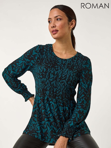 Roman Blue Abstract Printed Shirred Tunic Top (F06977) | AZN 123