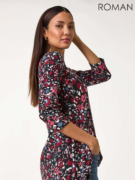 Roman Pink Floral Print Swing Stretch Tunic Top (F06980) | AED262