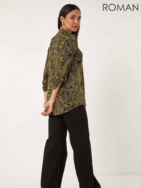 Roman Green Paisley Print Pleat V-Neck Stretch Top (F06986) | 223 QAR