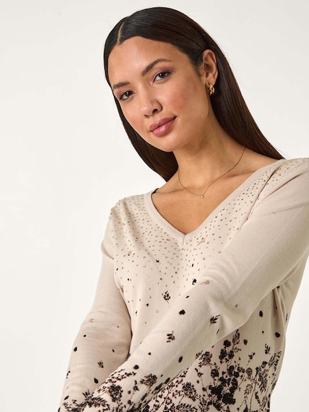 Roman Natural Floral Print Hotfix V-Neck Knit Jumper (F06990) | R$ 510