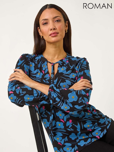 Roman Black Print Tie Neck Stretch Top (F06993) | €57