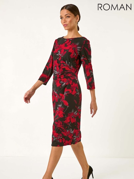 Roman Red Leaf Print Side Pleat Stretch Dress (F07003) | €63