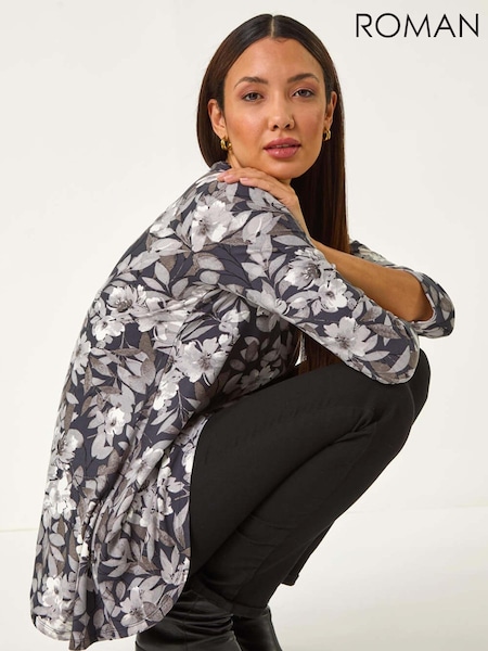 Roman Grey Floral Print Swing Top (F07010) | €45