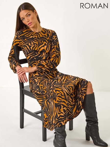 Roman Brown Animal Print Belt Detail Midi Dress (F07011) | €63