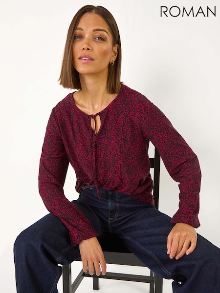 Roman Red Printed Tie Neck Top (F07012) | €42