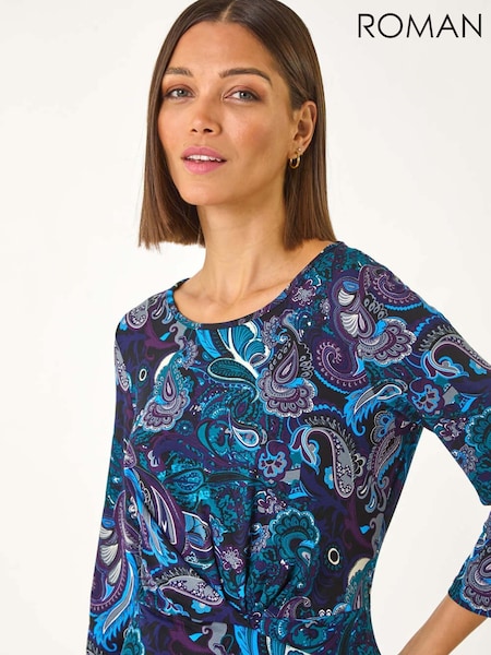 Roman Blue Paisley Print Twist Front Top (F07015) | €52