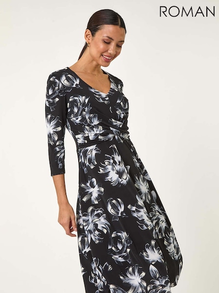 Roman Black Floral Print Wrap Front Stretch Dress (F07025) | €69