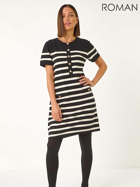 Preto - Roman Stripe Button A-Line Knit Dress (F07032) | R$ 605