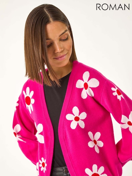 Roman Pink Floral Print Jacquard Knit Cardigan (F07039) | OMR23