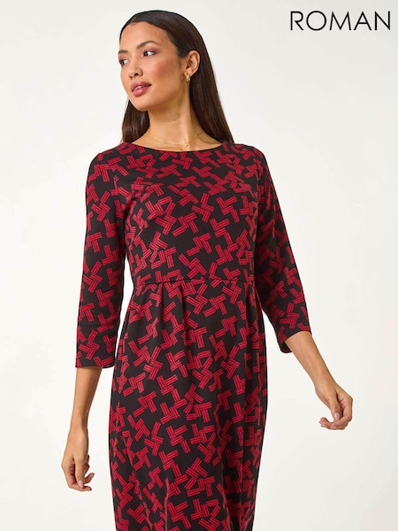 Roman Red Geometric Pleated Pocket Shift Dress (F07054) | €64
