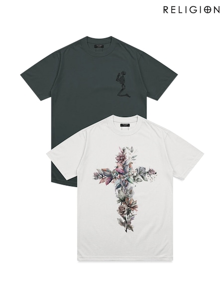 Religion White Watercolour Skull Graphic & Classic Core 100% Cotton T-Shirts 2 Pack (F07082) | R$ 545