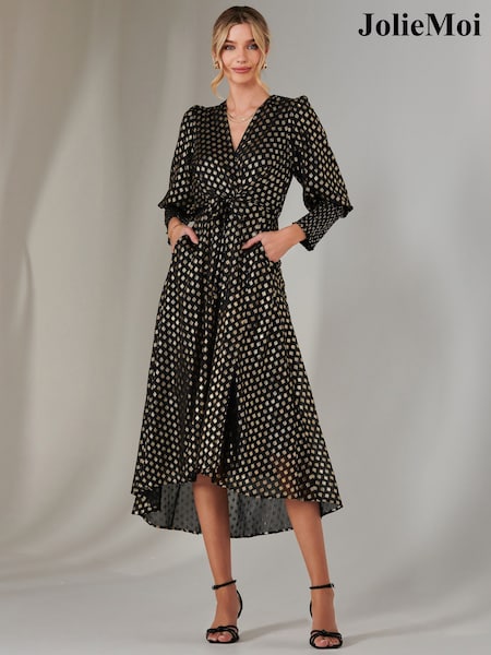 Jolie Moi Black Metallic Spot Print Puffy Sleeve Maxi Dress (F07224) | ₪397