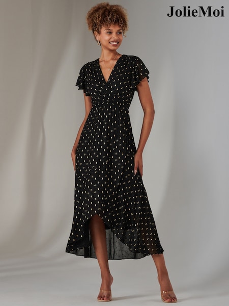 Jolie Moi Black Metallic Spot Textured Chiffon Maxi Dress (F07226) | ₪377