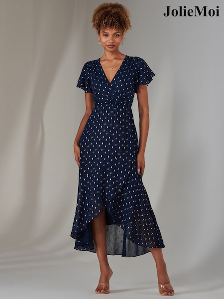 Jolie Moi Blue Metallic Spot Textured Chiffon Maxi Dress (F07227) | 371 QAR