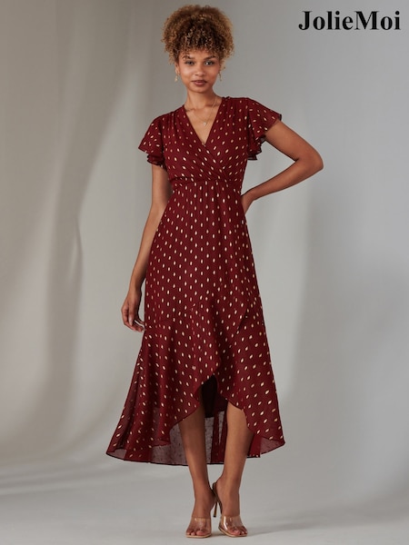Jolie Moi Red Metallic Spot Textured Chiffon Maxi Dress (F07229) | €95