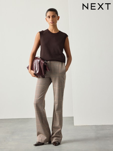 Brown Check Ponte Flared Trousers (F07245) | AED134