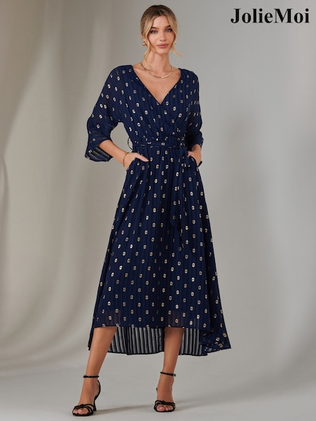 Jolie Moi Blue Plain Gold Spot Chiffon Dress (F07246) | 371 QAR