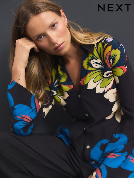 Black Floral Placement Print Slim Fit Long Sleeve Shirt (F07322) | €52