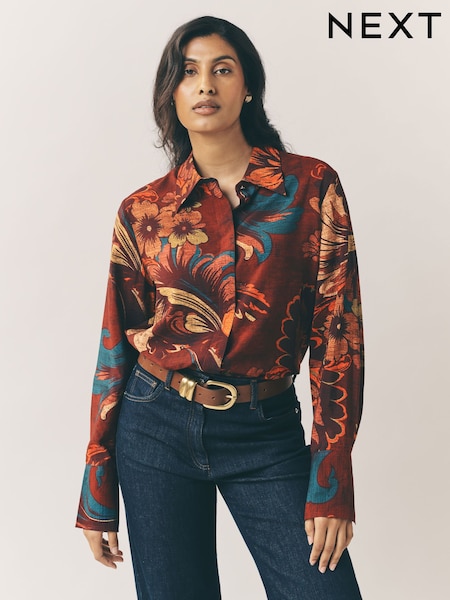 Wine Floral Print Long Sleeve Button Down Shirt (F07337) | 1,088 UAH