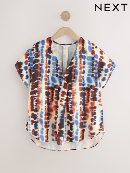 Blue/Orange Tie Dye Print Relaxed Fit Short Sleeve Overhead V-Neck Blouse (F07344) | €26