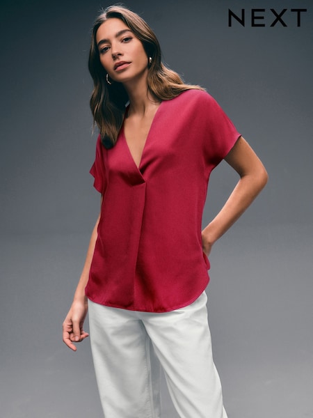Burgundy Red Relaxed Fit Short Sleeve Overhead V-Neck Blouse (F07345) | €24