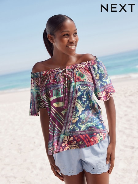 Purple Geometric Paisley Print Short Sleeve Tie Neck Bardot Top With Linen (F07346) | R$ 245