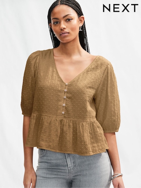 Khaki Green Puff Short Sleeve Doublecloth Blouse (F07347) | €41.50