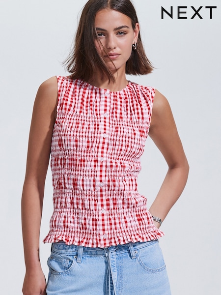 Red and White Sleeveless Button Down Smock Top (F07356) | R$ 250