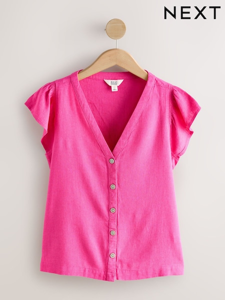 Pink Button Down Ruffle Sleeve Top With Linen (F07360) | R$ 165