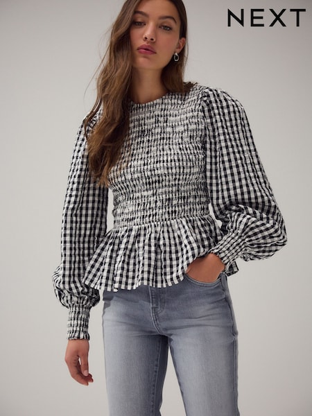 Guingão preto/branco - Smock Detail Long Sleeve Blouse (F07361) | R$ 260