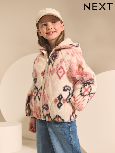 Ecru/Pink Abstract Hooded Zip Borg Fleece Jacket (3-16yrs) (F07389) | 89 QAR - 114 QAR