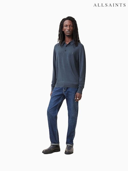 AllSaints Blue Mode Merino Long Sleeve Polo Shirt (F07439) | 520 QAR