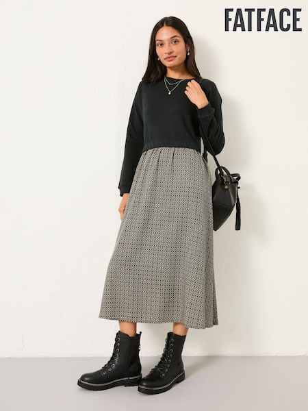 FatFace Nia Dark Natural Ikat Geo Midi Dress (F07510) | €86