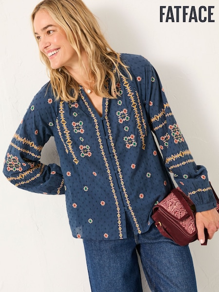 FatFace Navy Blanket Embroidered Blouse (F07582) | 294 QAR