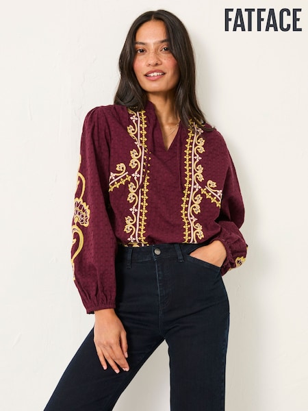 FatFace Burgundy Red Garratt Embroidered Blouse (F07583) | 294 QAR