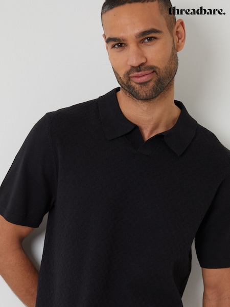 Threadbare Black Textured Front Knitted Trophy Neck Polo Shirt (F07675) | €34