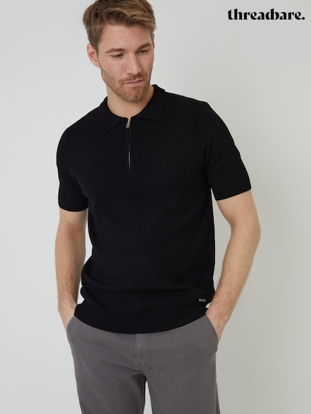 Threadbare Black Quarter Zip Textured Trim Knitted Polo Shirt (F07679) | €34