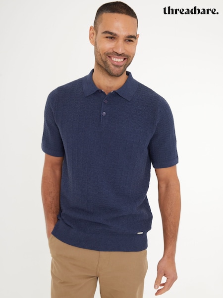Threadbare Dark Blue Cotton Mix Short Sleeve Textured Knitted Polo Shirt (F07682) | €34