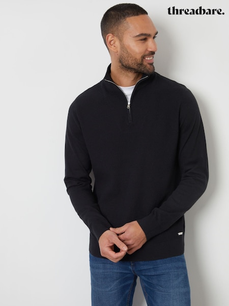 Threadbare Black Basket Stitch Mock T-Shirt Quarter Zip Jumper (F07688) | €37