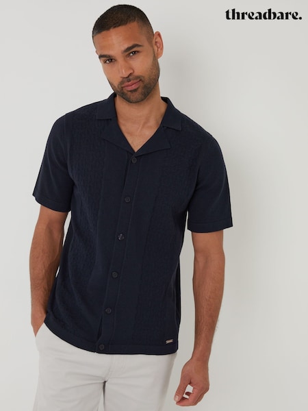 Threadbare Blue Textured Panel Revere Collar Knitted Shirt (F07695) | €34